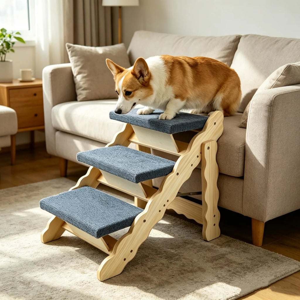 2-in-1 Collapsible Wooden Dog Stairs and Ramp for Bed, Couch, or Car – 3-Step /4-Step Anti-Slip Pet Ladder, Stable Indoor Dog Furniture, Supports Small to Large Dogs Up to 150 lbs
